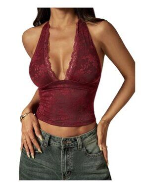Women's Lace Halter Crop Tank Top Deep V Neck Sleeveless Backless